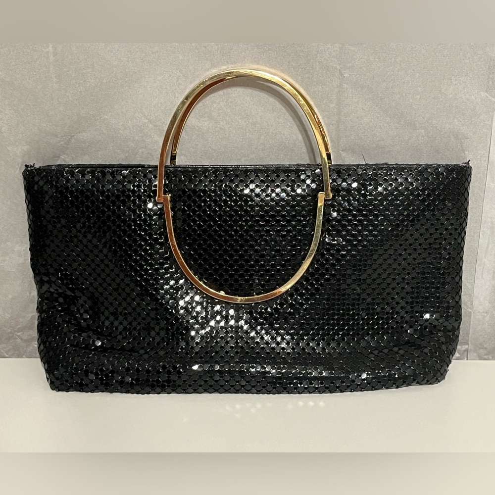 VTG 70s 80s Black Chainlink Mesh Metallic Party Bag‎ Purse Gold Handles Retro